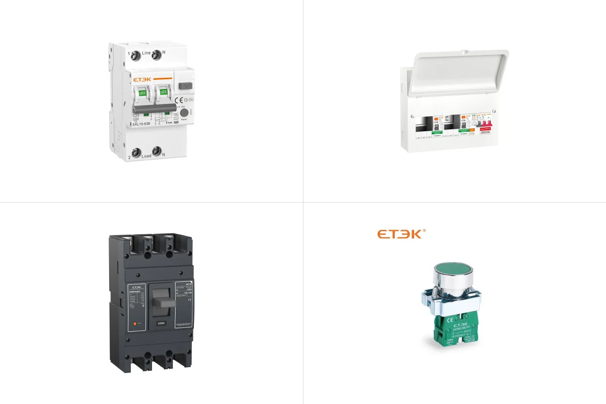Etek RCBO, consumer unit, moulded case breaker and pushbutton switch
