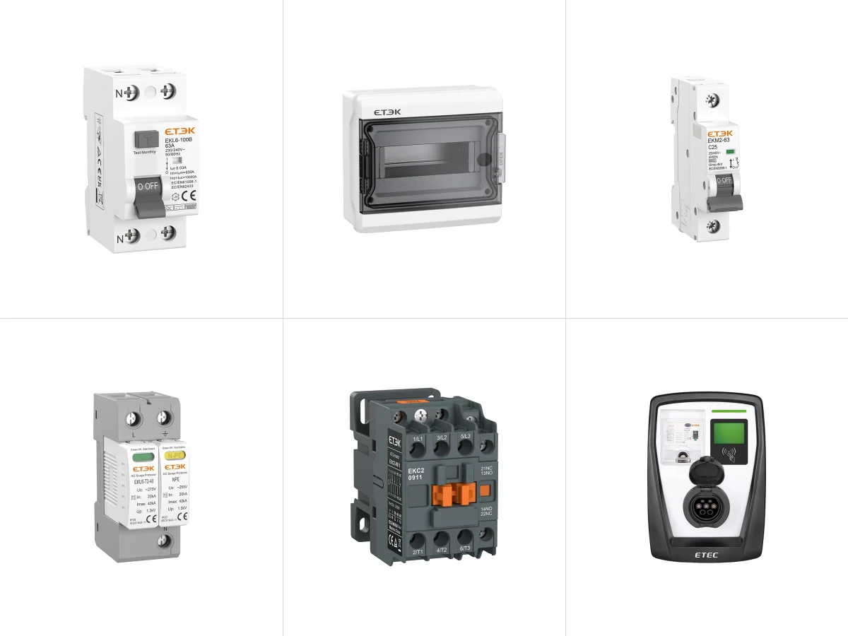 Etek RCCB, weatherproof enclosure, circuit breaker, surge protector, contactor and EV charger