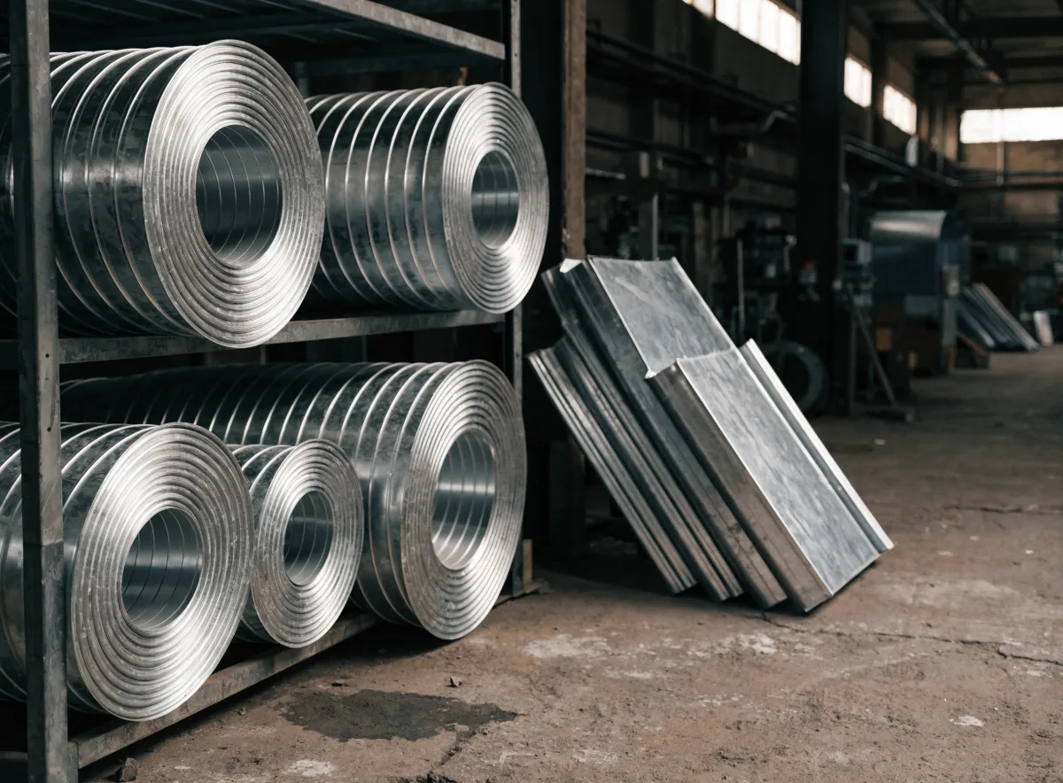 Galvanised spiral and rectangular ducting stacked in the workshop