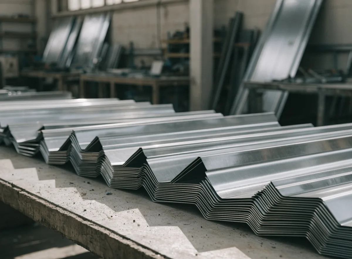 Folded steel flashings and cappings stacked on the bench